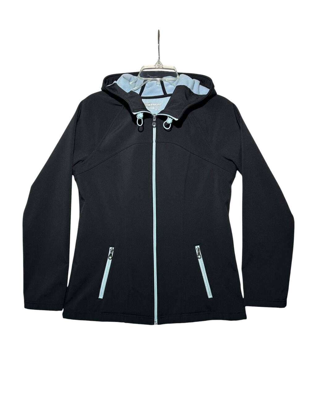 Xersion Women's Hooded Softshell Black Jacket with Light Blue Lining Size M